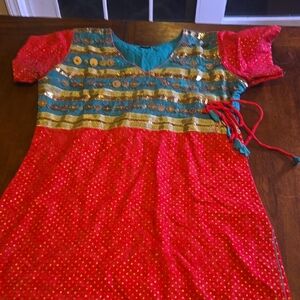 Vibrant Red and Teal Dress with Gold Stripes and Fuchsia Sleeves Kameeze